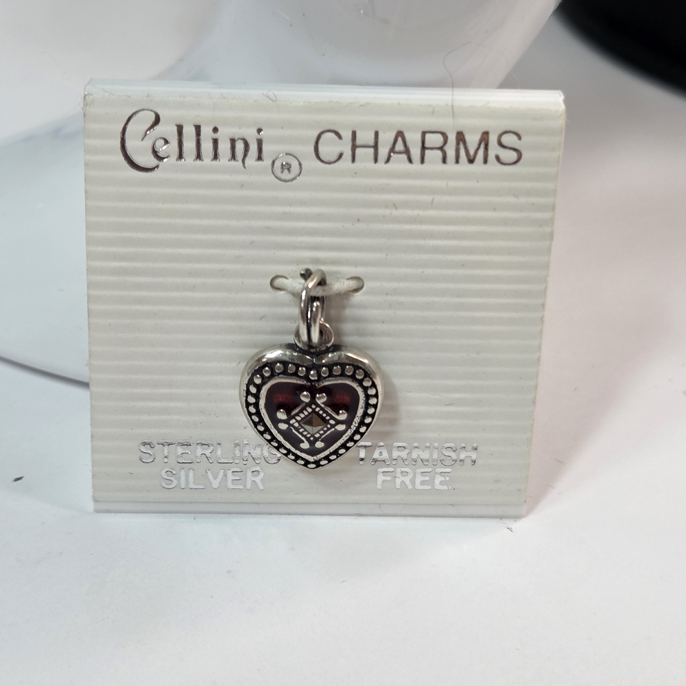 cellini sterling silver heart dangle charm marcasite stone new on card 90s y2k